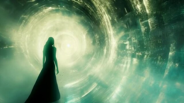 A silhouette of a person stands before a glowing green portal with a swirling vortex. The scene is otherworldly and futuristic, evoking a sense of mystery and adventure. Dressed in a long, dark