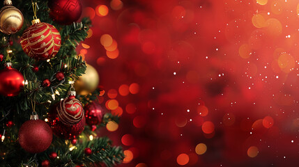 A vividly decorated Christmas tree with ornaments and bokeh lights, standing before a red background with ample copy-space, captured in high definition