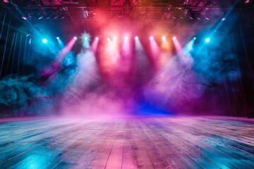 Naklejka premium Stage Lighting in Theater with Brightly Colored Background, Illuminated by Spotlights. An Empty Stage Ready for Performance, Perfectly Lit with Vibrant Colors Creating a Dramatic Ambience.