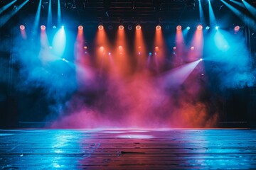 Stage Lighting in Theater with Brightly Colored Background, Illuminated by Spotlights. An Empty Stage Ready for Performance, Perfectly Lit with Vibrant Colors Creating a Dramatic Ambience.