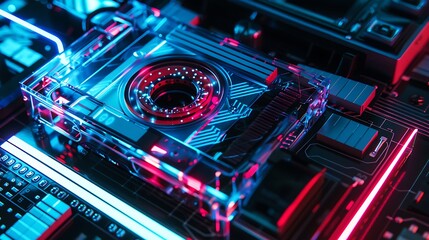 Obraz premium Retrofuturistic cassette tape in a futuristic setting with neon lighting.
