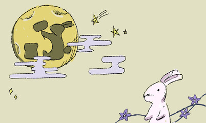 星で彩る、お月見の背景イラスト、うさぎとともに。ペン画風の手描きタッチ。　月にはうさぎの影。　模様付き。