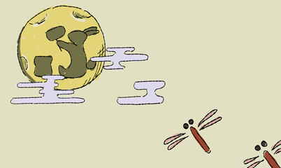 ベージュのお月見の背景イラスト、とんぼとともに。ペン画風の手描きタッチ。　月にはうさぎの影。 © chockwhooll