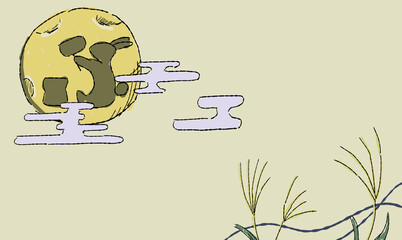 ベージュのお月見の背景イラスト、すすきとともに。ペン画風の手描きタッチ。　月にはうさぎの影。模様付き。