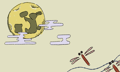 ベージュのお月見の背景イラスト、とんぼとともに。ペン画風の手描きタッチ。　月にはうさぎの影。模様付き。 © chockwhooll