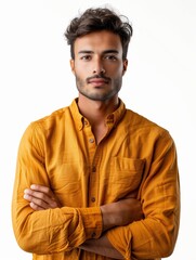Obraz premium Confident man in mustard shirt, arms crossed, neutral expression, tousled hair, white background