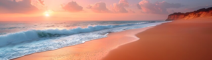 Fototapeta premium A beautiful sunset casts a warm glow over a sandy beach, as a gentle wave rolls onto the shore