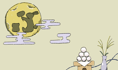 ベージュのお月見の背景イラスト、月見団子とともに。ペン画風の手描きタッチ。　月にはうさぎの影。模様付き。