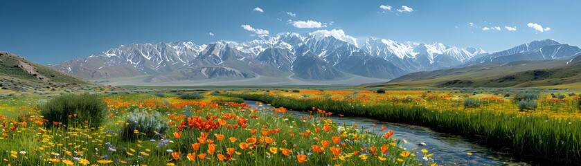 Fototapeta premium A stream winds through a field of wildflowers, with a majestic mountain range in the background