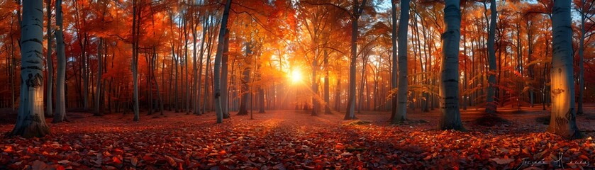 Fototapeta premium A wide view of a forest with tall trees with red and orange leaves, sunlight filtering through the branches, and a path leading to a setting sun in the distance