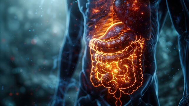 Illuminated digestion, glowing human digestive system against a blurred background, focus on intestines and stomach, highlighting complex internal anatomy and processes