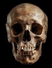 Obraz premium Ancient skull artifact, weathered bones, detailed teeth, dark background, historical remains, anthropology, archaeology, human remains study, skeletal structure, aged cranium