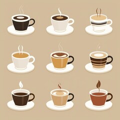 Obraz premium Coffee Tea Cup Collection, Espresso Cafe Mug Set, Diner Menu Objects, Hot Drink Concept Art, Food and Beverage Design Illustration, Restaurant Web Graphic, Cute Culinary Clipart 