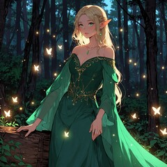 Elf in a forest, wearing a green gown, surrounded by glowing fireflies.