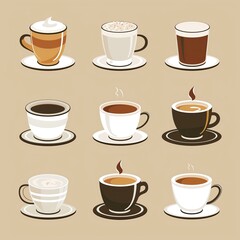 Obraz premium Coffee Tea Cup Collection, Espresso Cafe Mug Set, Diner Menu Objects, Hot Drink Concept Art, Food and Beverage Design Illustration, Restaurant Web Graphic, Cute Culinary Clipart 