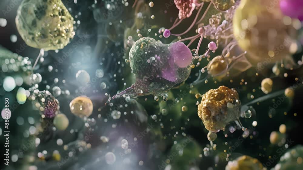 Poster in this closeup image we can observe the release of cytokines from a single immune cell amplifying t