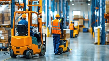 A well-organized warehouse environment with workers efficiently using forklifts and pallet jacks to move products, showcasing a streamlined logistics operation