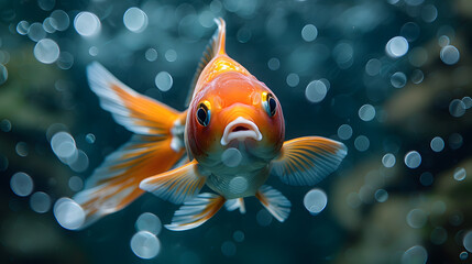Fototapeta premium A fish with orange fins and a blue spot on its head. The fish is swimming in a tank. Exotic fantasy fish
