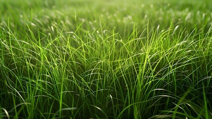 Close-up of lush green grass with slender blades and delicate textures, illuminated by natural sunlight, creating a tranquil and vibrant outdoor scene.