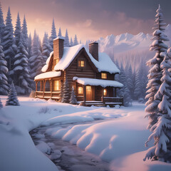 Fototapeta premium Charming Winter Cabin with Smoke and Snow-Covered Path