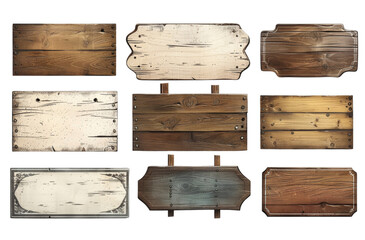 A collection of wooden signs with various designs and sizes