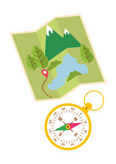 Tourist compass and map with abstract terrain. Hiking accessories for orienteering. Device, appliance, navigation tool, method of determining direction. Icon, symbol, object isolated