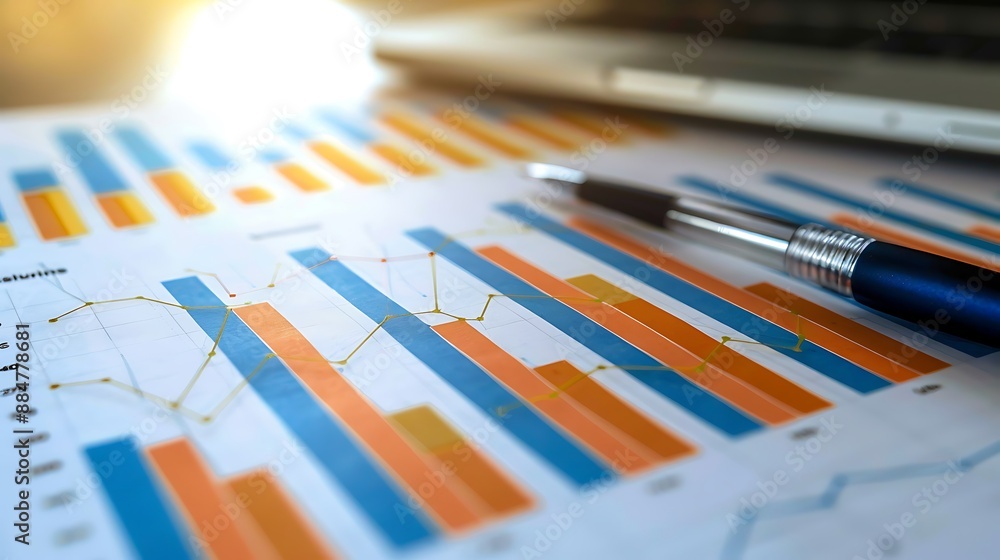 Poster analyzing the data with a pen and a laptop. ai generated