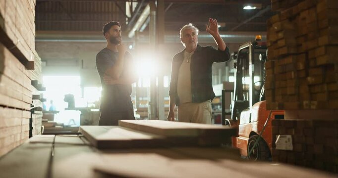 Men, handshake and timber for construction, building or project in workshop for material, wood or supply. Male people, contractor and factory for engineering, collaboration as carpenter in warehouse