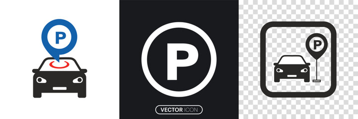Car parking sign. Road signs, street, Parking space sign. Public parking and parking location symbol, Different style icons set. Vector illustration