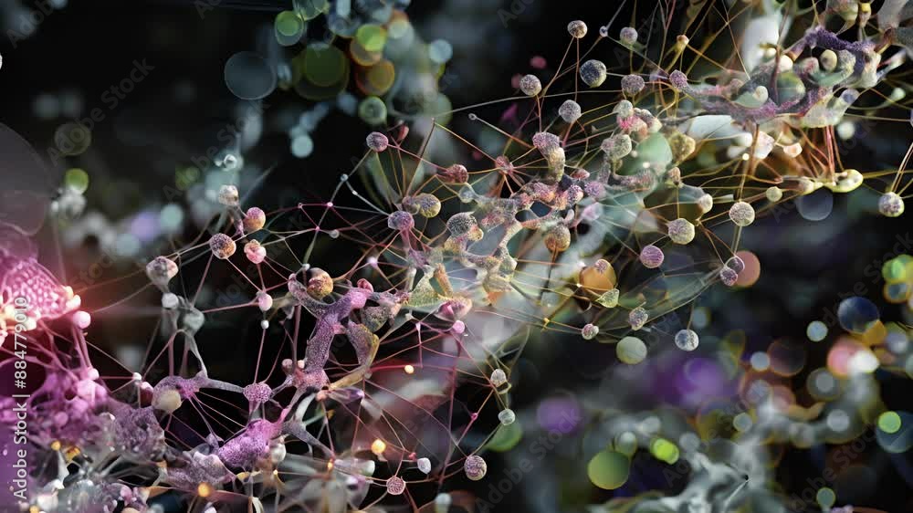 Poster visualization of the numerous proteins and rna molecules involved in splicing creating a complex web