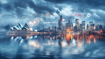 Naklejka premium Global Celebration An image depicting iconic landmarks from around the world Sydney Opera all celebrating Happy New Year with fireworks and lights