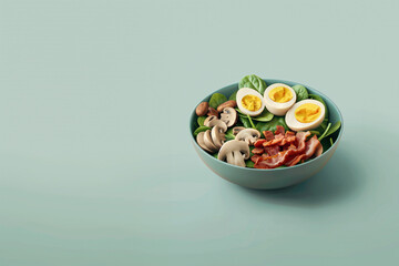Still life photo featuring baby spinach, sliced mushrooms, bacon bits, hard-boiled eggs, and Dijon vinaigrette with a clean, minimal soft color palette. Clean composition. Copy space.
