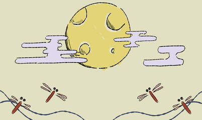 ベージュのお月見の背景イラスト、とんぼとともに。ペン画風の手描きタッチ。模様付き。 © chockwhooll