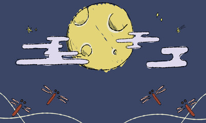 星空のお月見背景イラスト、とんぼとともに。ペン画風の手描きタッチ。　模様付き。 © chockwhooll