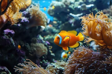 Obraz premium Vibrant clownfish swimming among colorful coral reefs in an underwater oceanic environment.