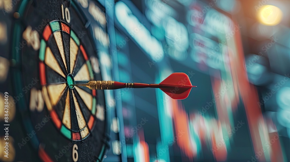 Poster close-up of dart stuck on target with stock market background