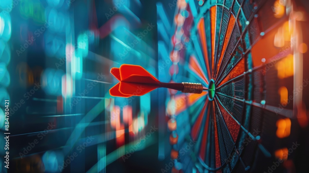 Poster close-up of dart stuck on target with stock market background