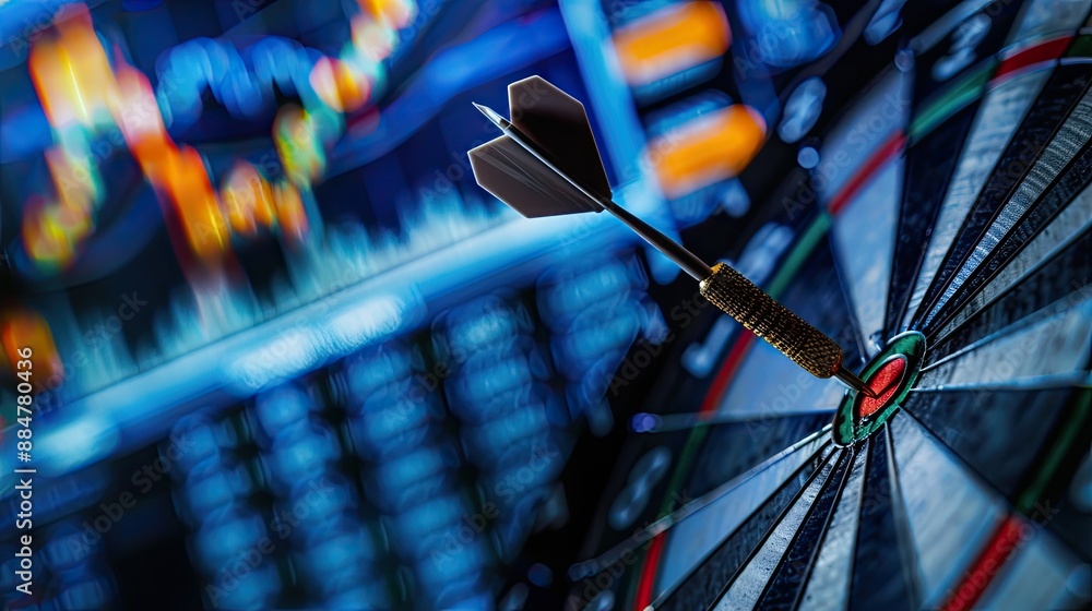 Poster close-up of dart stuck on target with stock market background