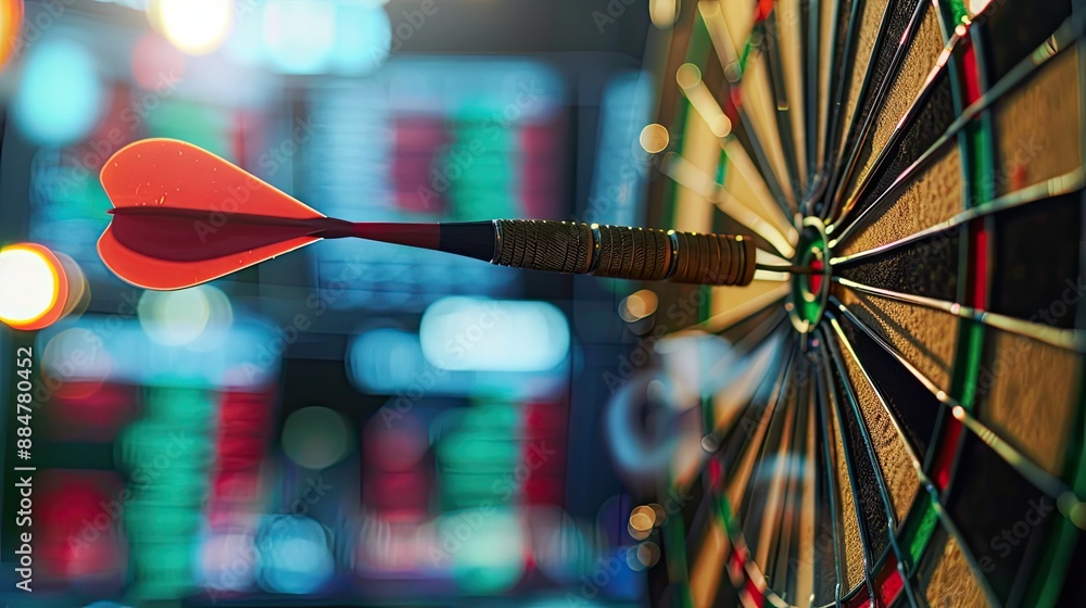 Poster close-up of dart stuck on target with stock market background