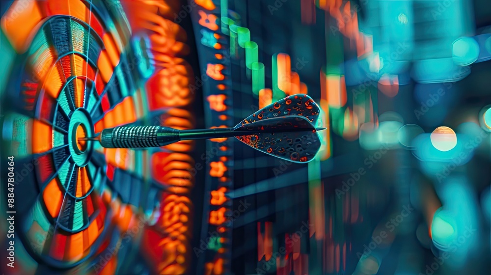 Poster close-up of dart stuck on target with stock market background