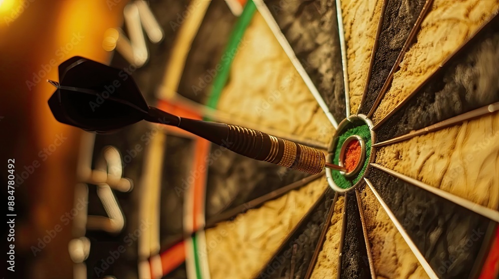 Poster close-up of dart stuck on target with stock market background