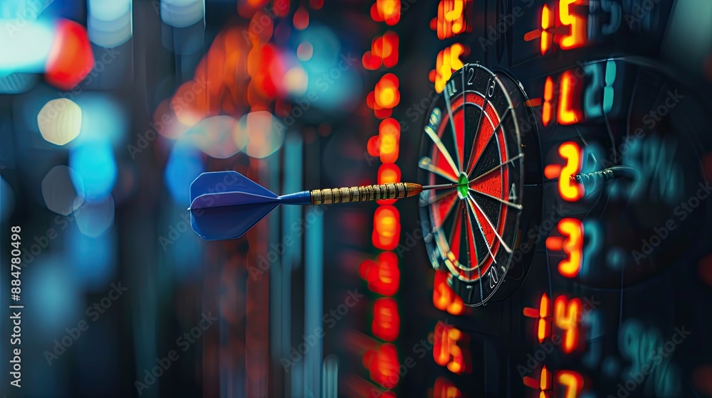 Poster close-up of dart stuck on target with stock market background