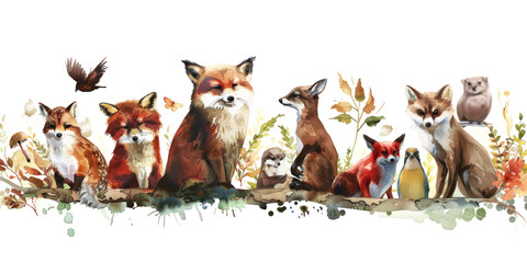 Woodland animals watercolor  illustration isolated on transparent. png file for art work, posters, posters, cards, holiday decor.