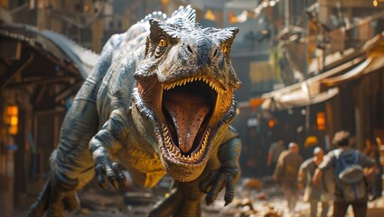 Terrifying Dinosaur Rampaging Through Busy Market Street Creates Chaos Among the Crowd