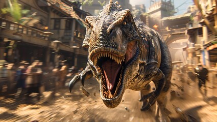 Ferocious Dinosaur Rampages Through Bustling Urban Street in a Thrilling Chaos
