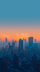 Fototapeta premium Majestic Cityscape at Sunrise Minimalist Digital Architectural Landscape in Serene Blue and Orange Hues