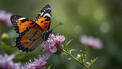 Obraz premium Beautiful butterfly on pink flower during rain