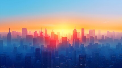 Fototapeta premium Minimalist Cityscape Skyline at Sunrise with Serene Blue and Orange Hues
