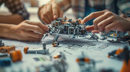 Fototapeta premium A close-up shot of a diverse team of engineers working together on a robotics project. Hands are visible as they assemble intricate parts of a robot, showcasing teamwork and collaboration. The