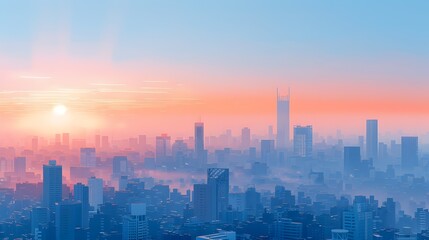 Fototapeta premium Minimalist Digital Cityscape at Sunrise with Geometric Shapes and Calming Color Palette